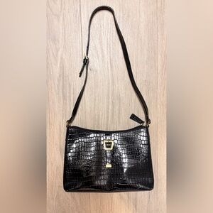 Etienne Aigner Black Croc-Embossed Shoulder Bag with Gold Hardware